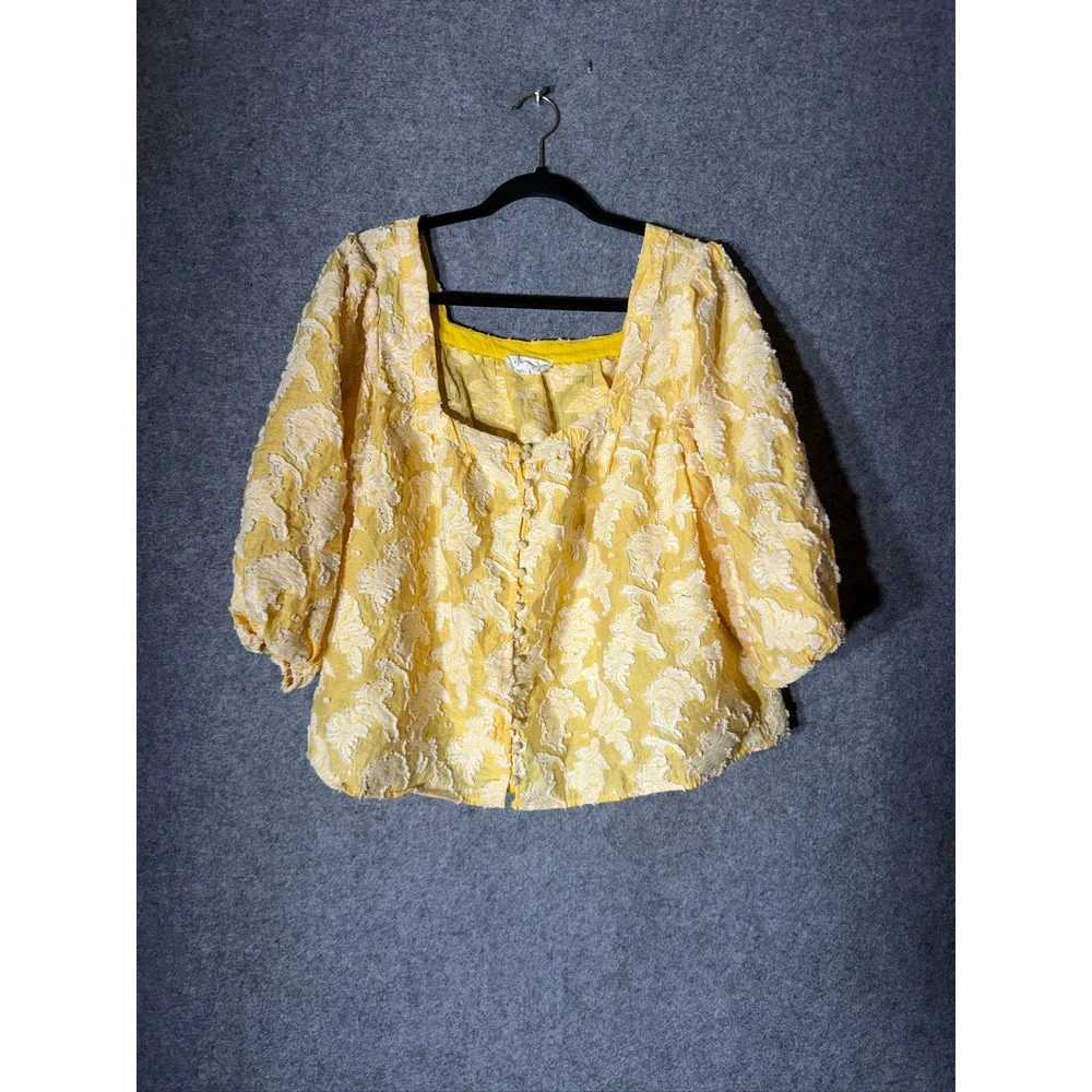 Anthropologie Yellow Puff-Sleeve Square-Neck Blouse